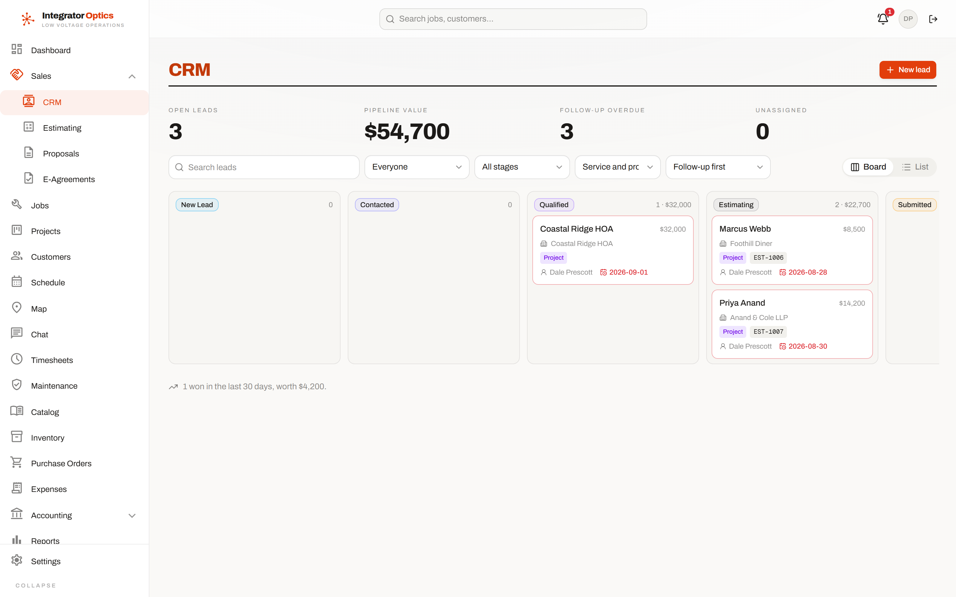 The CRM pipeline board, with opportunities in columns by stage