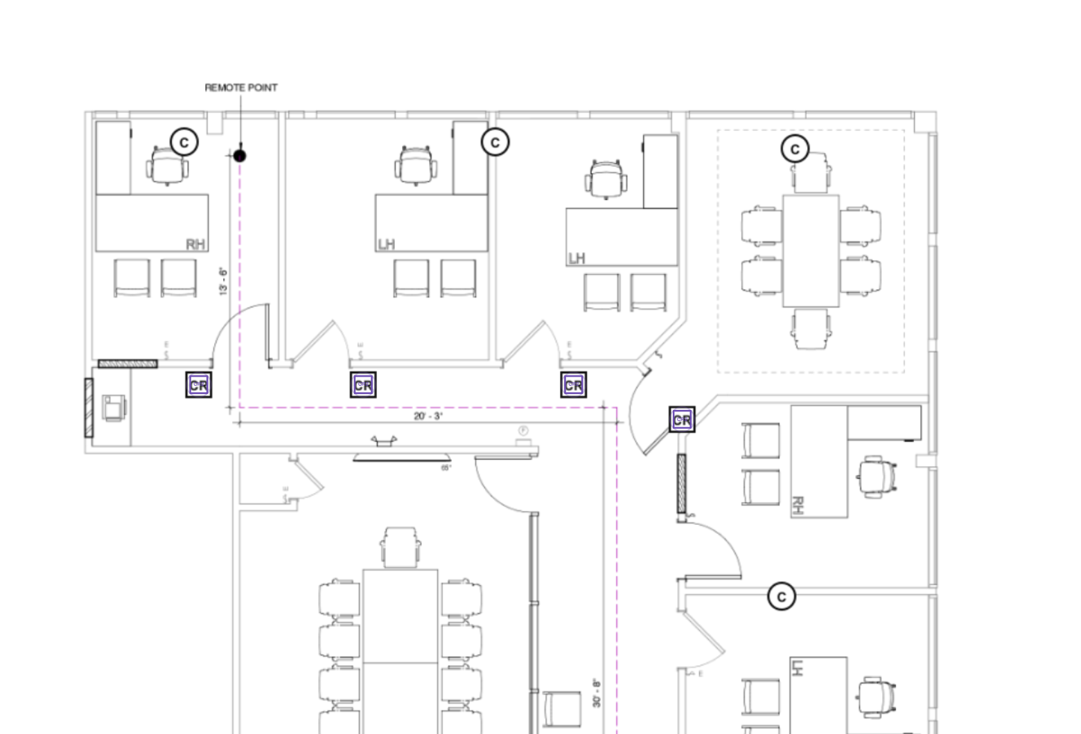A floor plan in Integrator Optics, card readers counted at each office door and cameras over the open areas