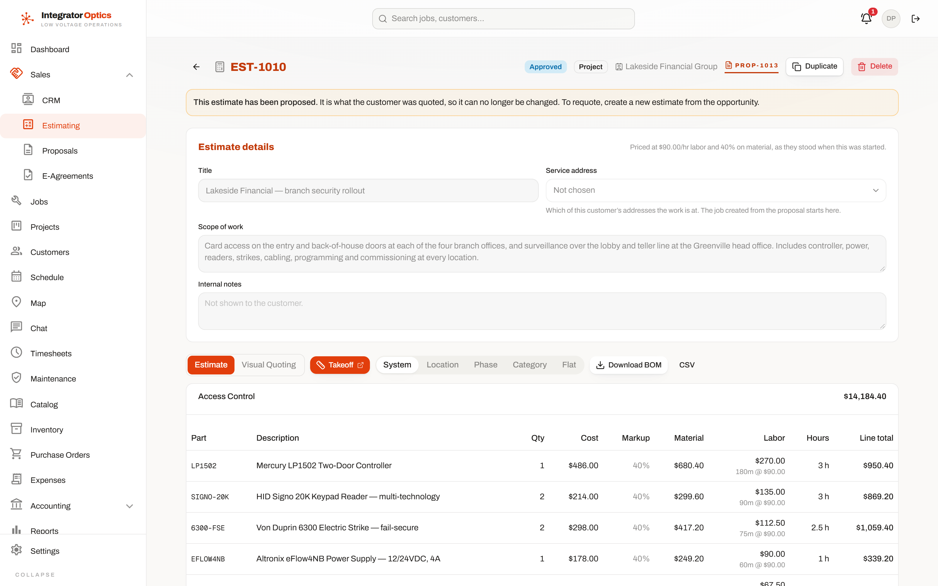 The estimate sheet: systems, line items, quantities, costs, margins and a running total