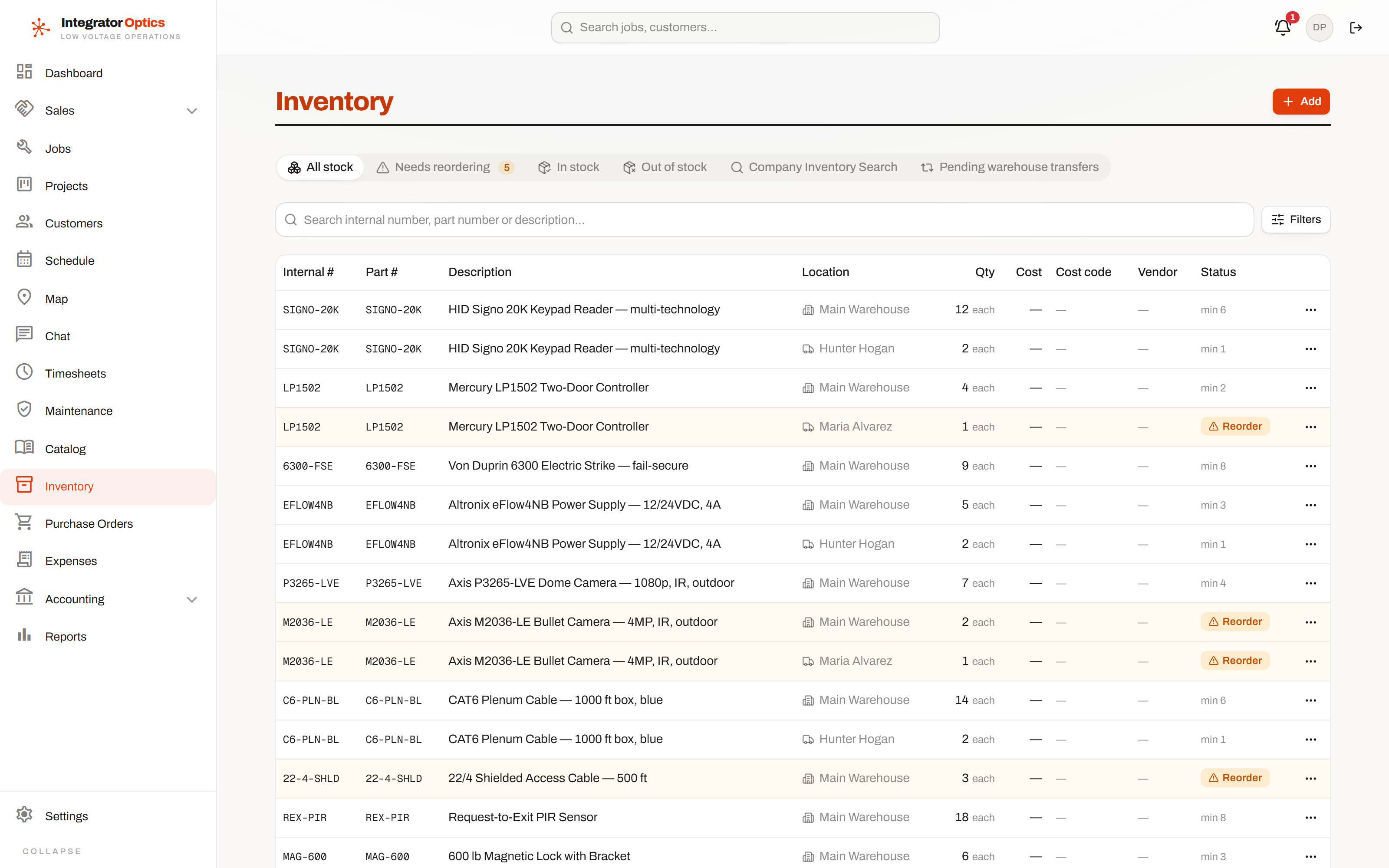The inventory table, showing parts across vans and warehouses with quantities and reorder levels