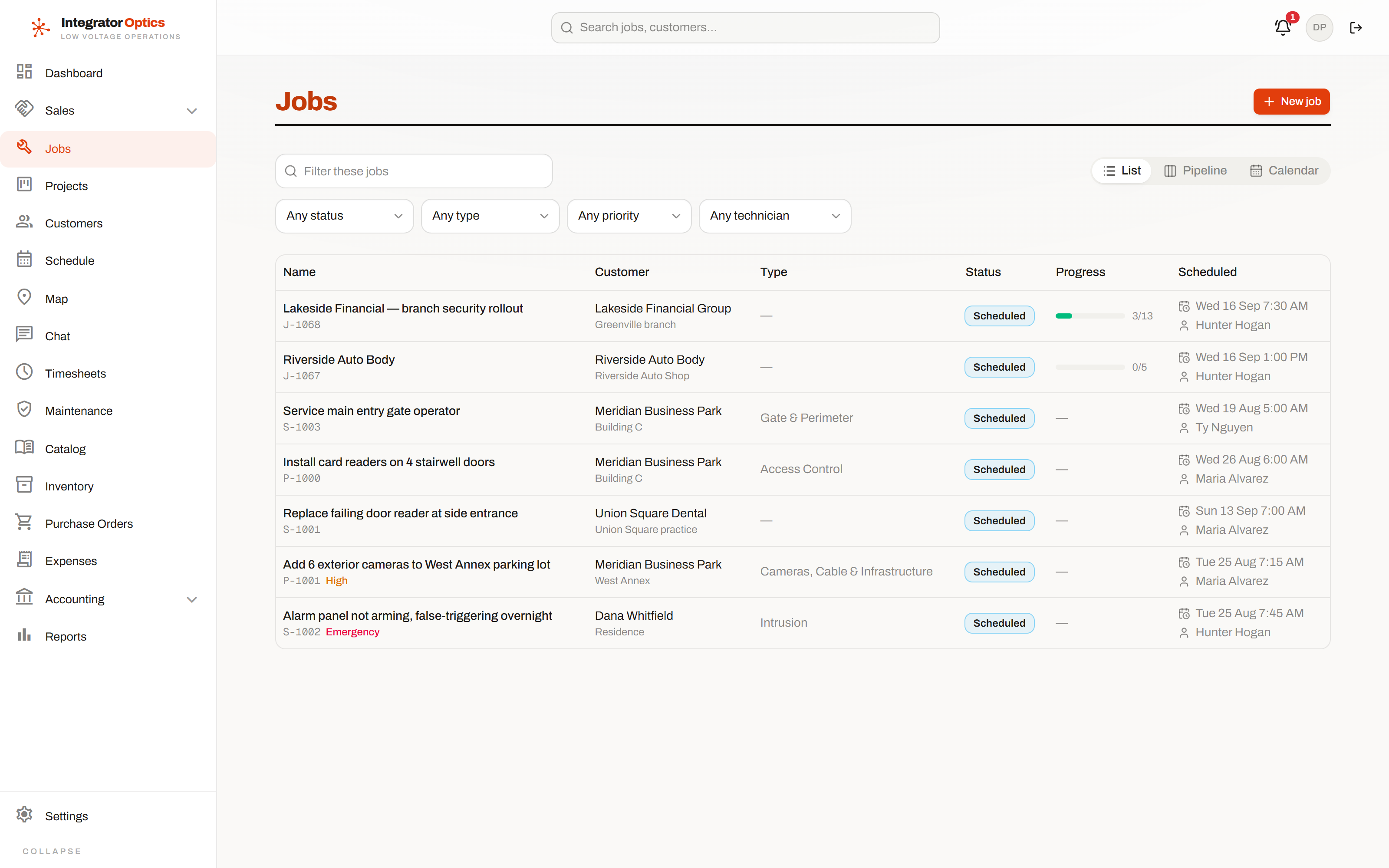 The jobs list, filterable by status, customer and technician