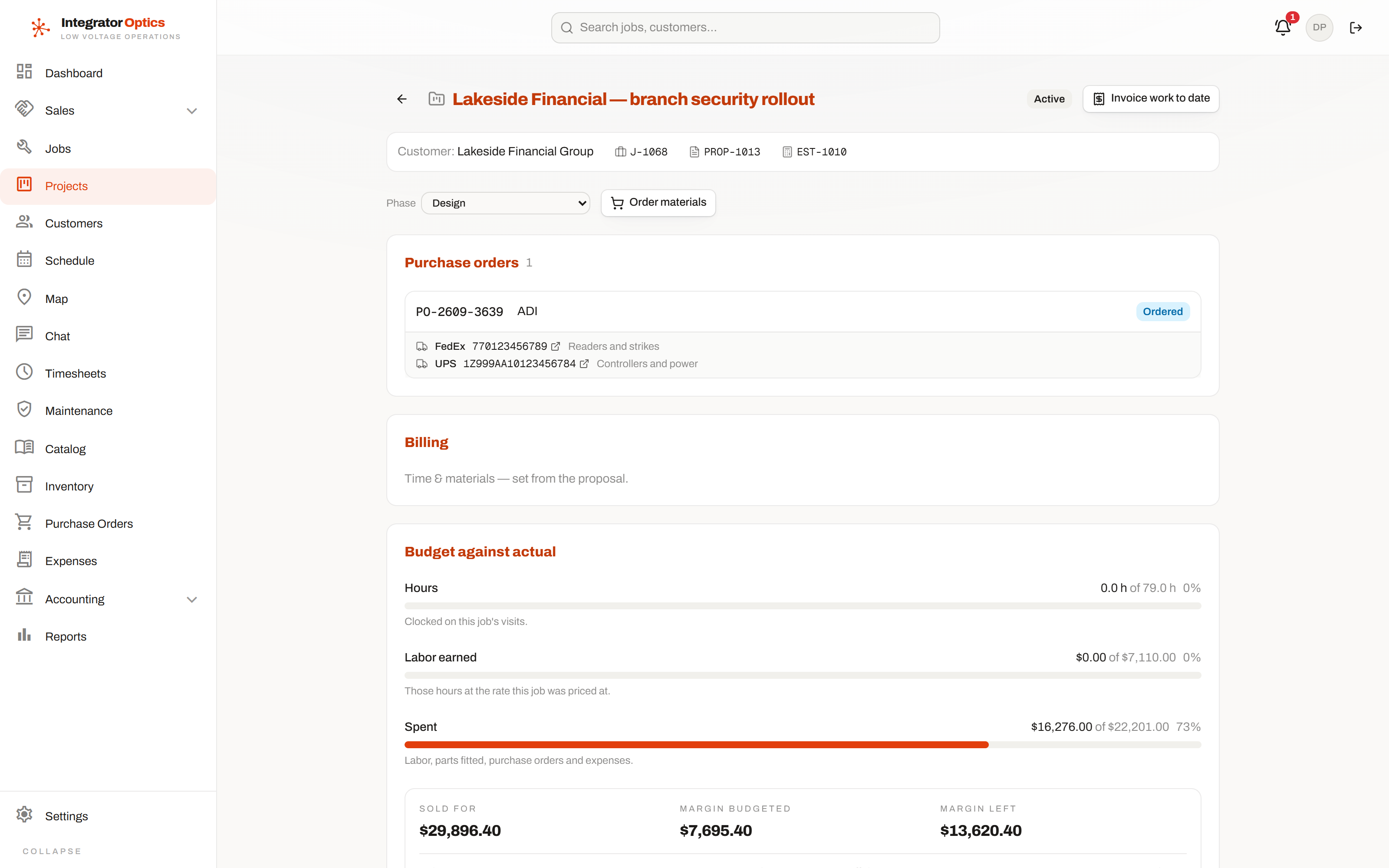 A project: purchase orders with tracking, billing method, and budget against actual showing hours, labor earned, spend, sold value and margin remaining