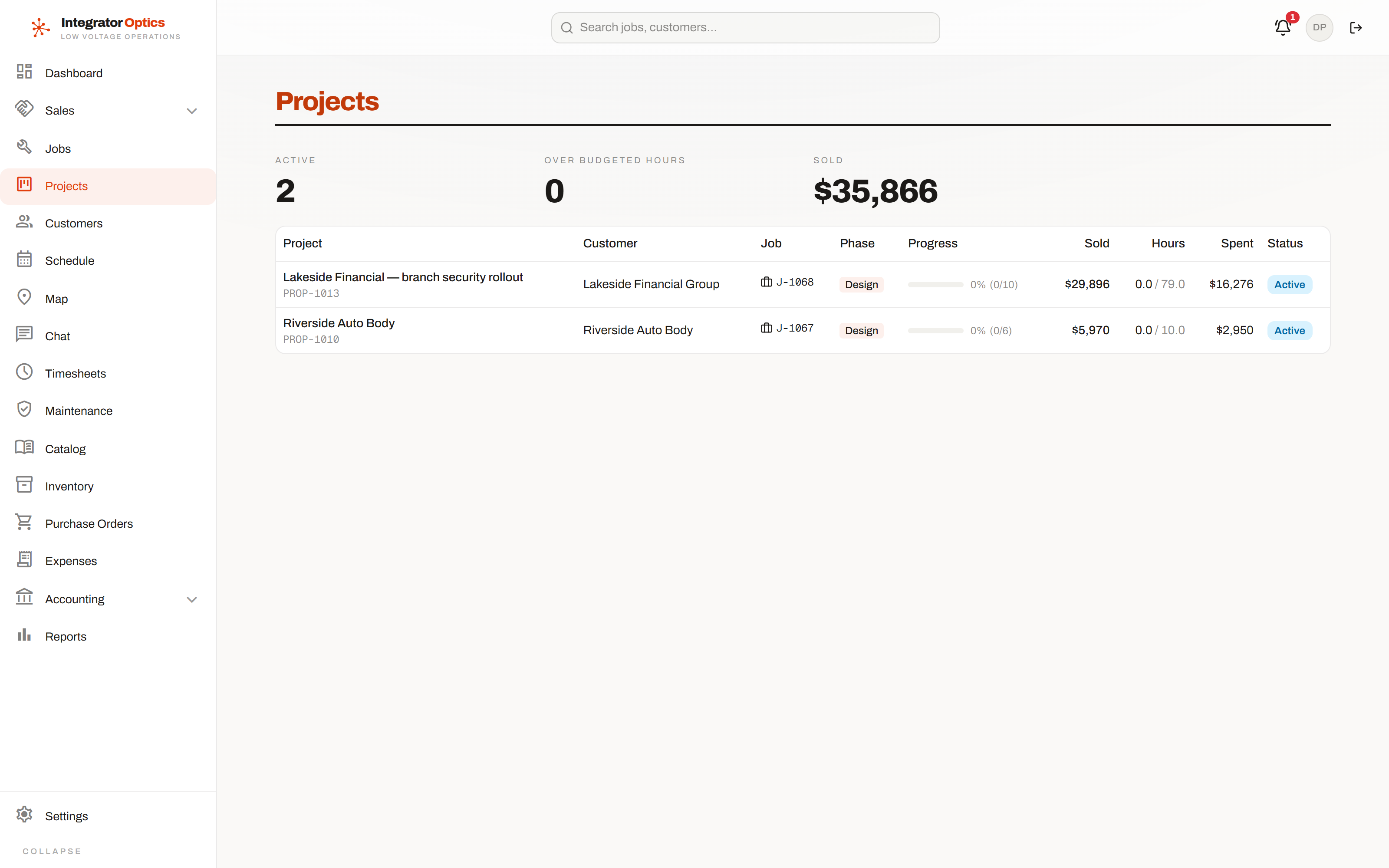 The projects list, with phases and contract values