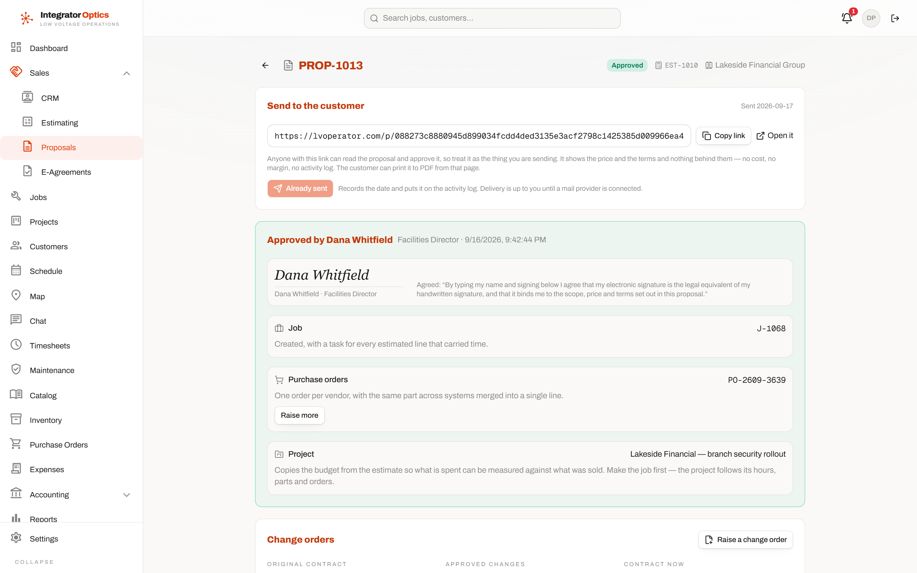An approved proposal, showing the customer signature, the job and project it created, and the change-order ledger against the original contract
