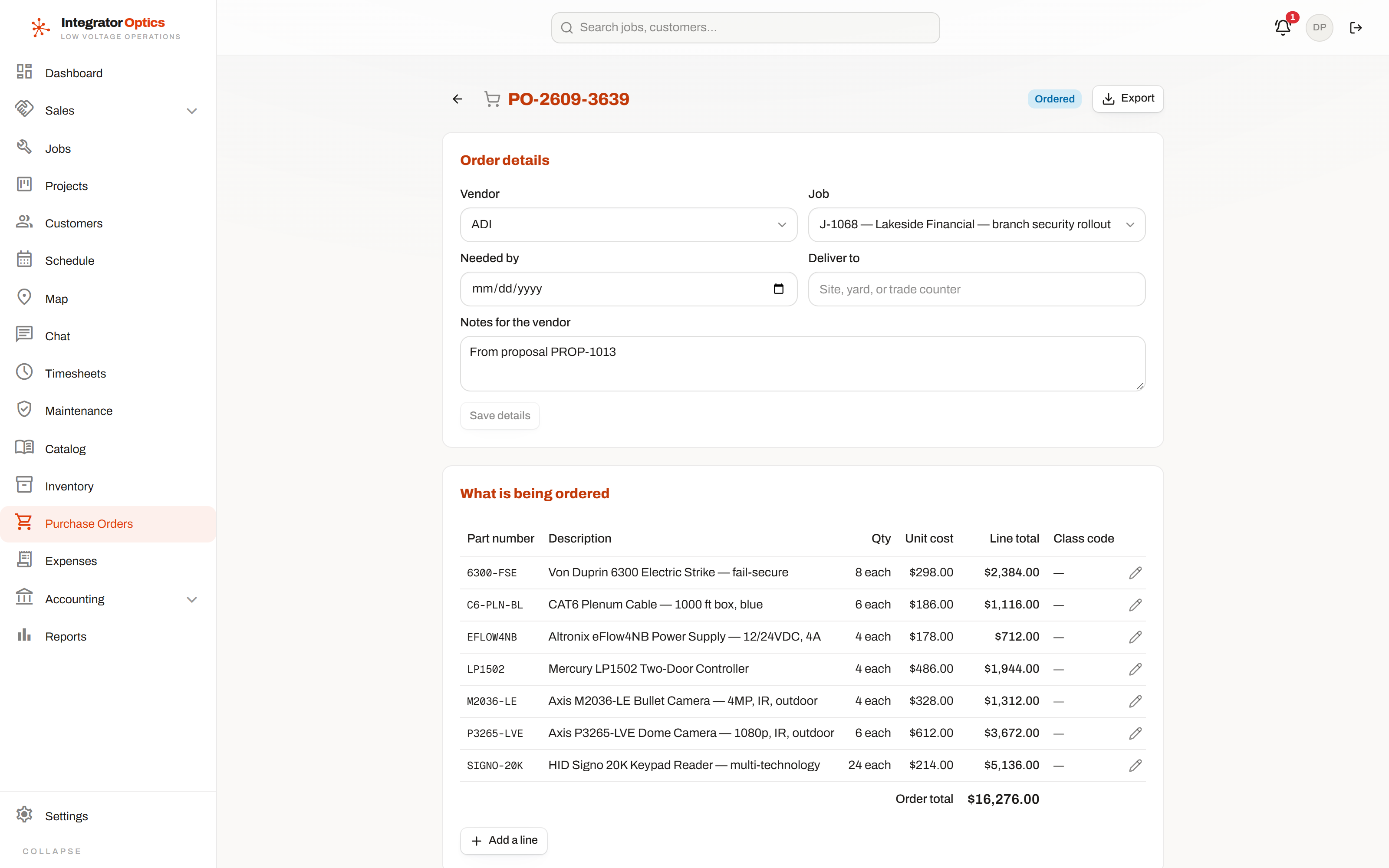 A purchase order: vendor, line items, approval routing and status