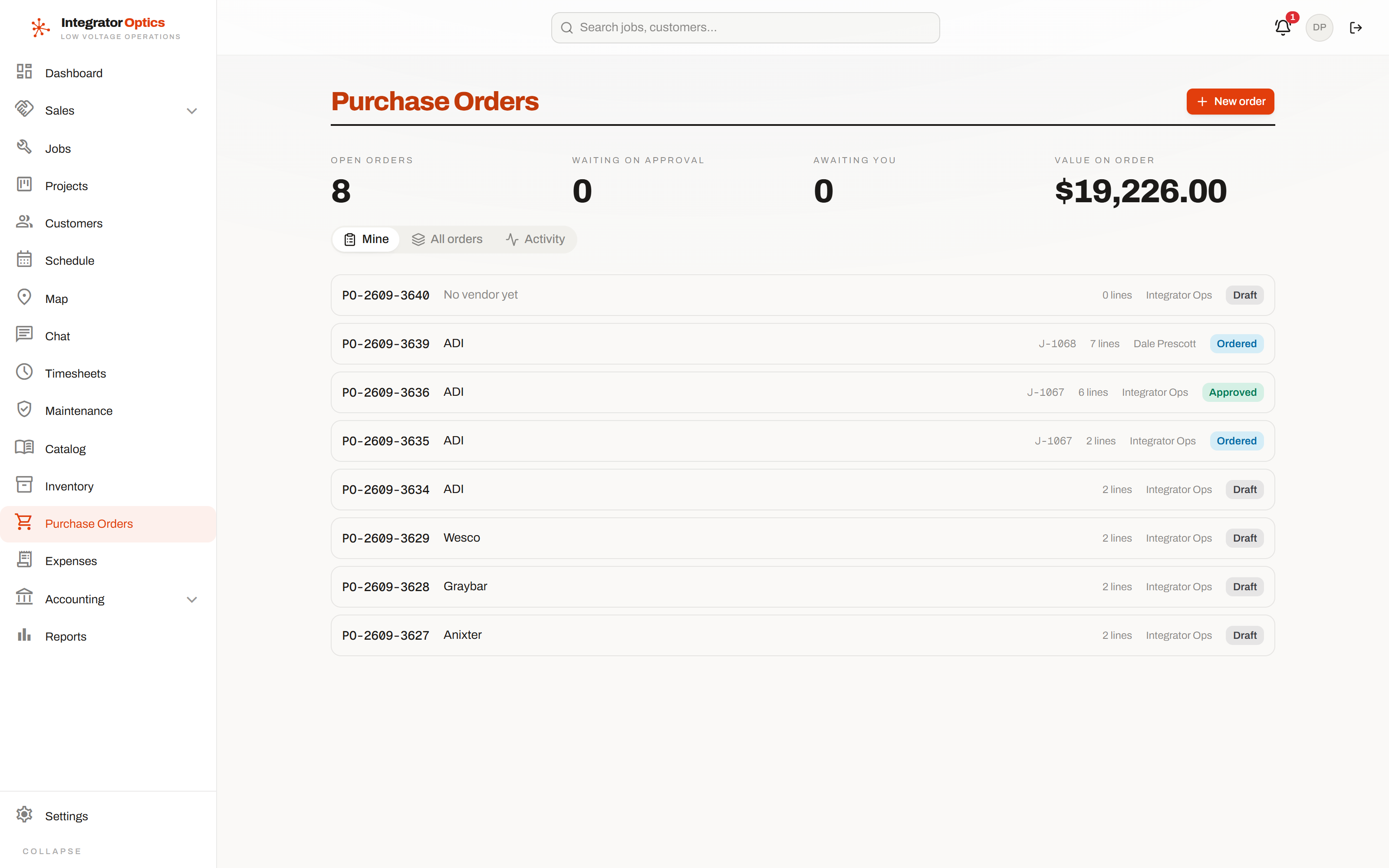 The purchase order list, grouped by status with vendors and totals