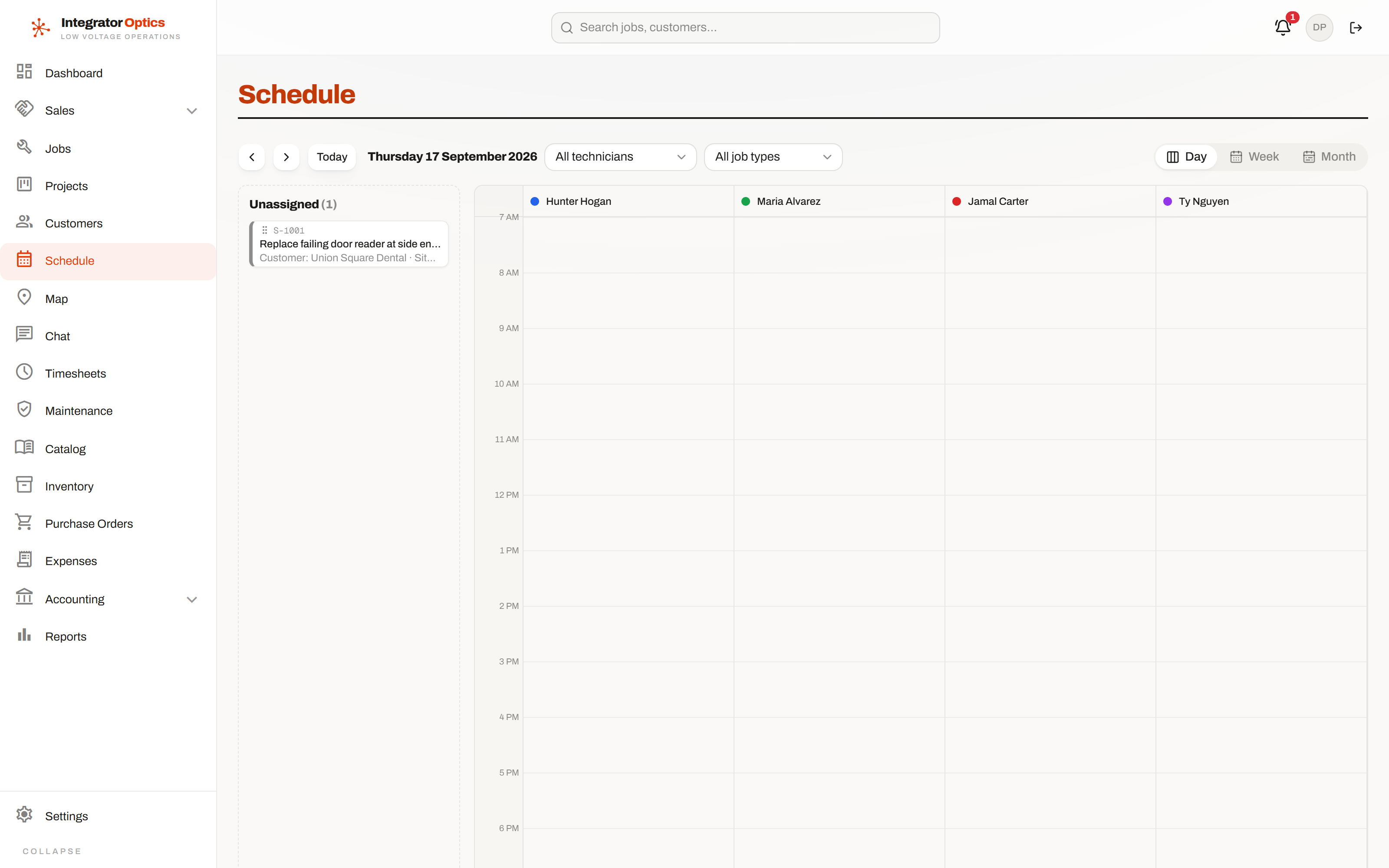 The dispatch board, with visits placed against technicians across the day